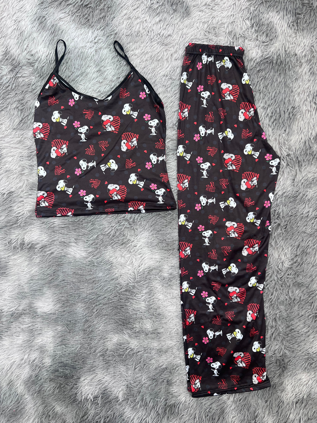 Snoopy Corazón Fondo Negro Blusa Con Pantalón