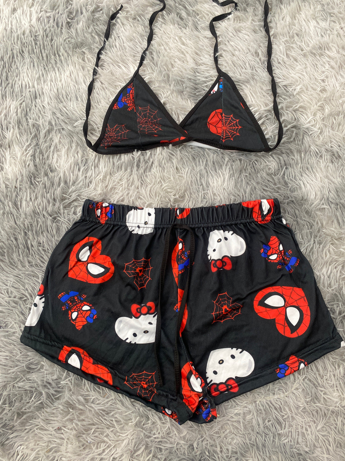 Spider Kitty Corazones Fondo Negro Top Con Short Brush