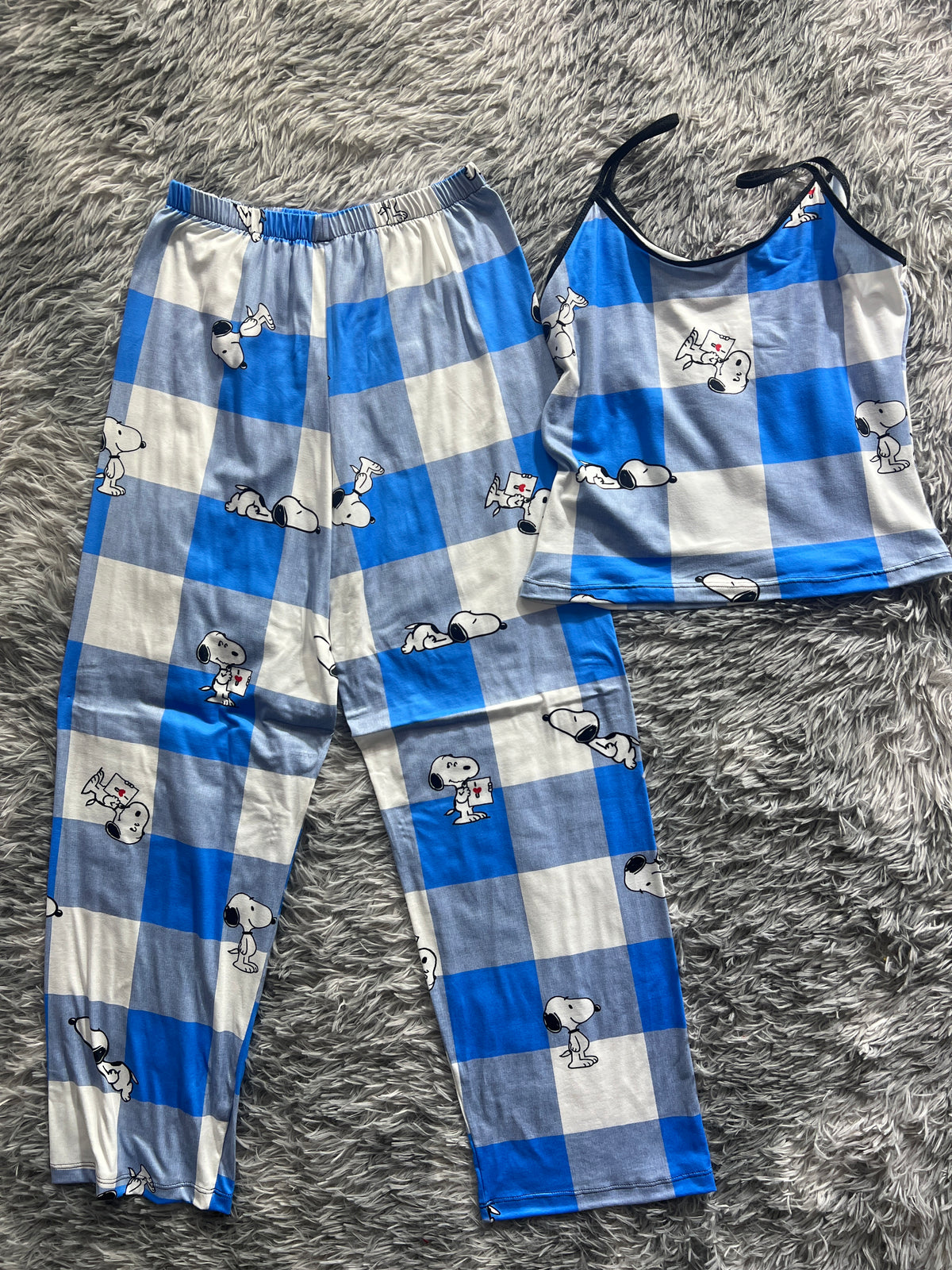 Snoopy Cuadros Azules Blusa Con Pantalón