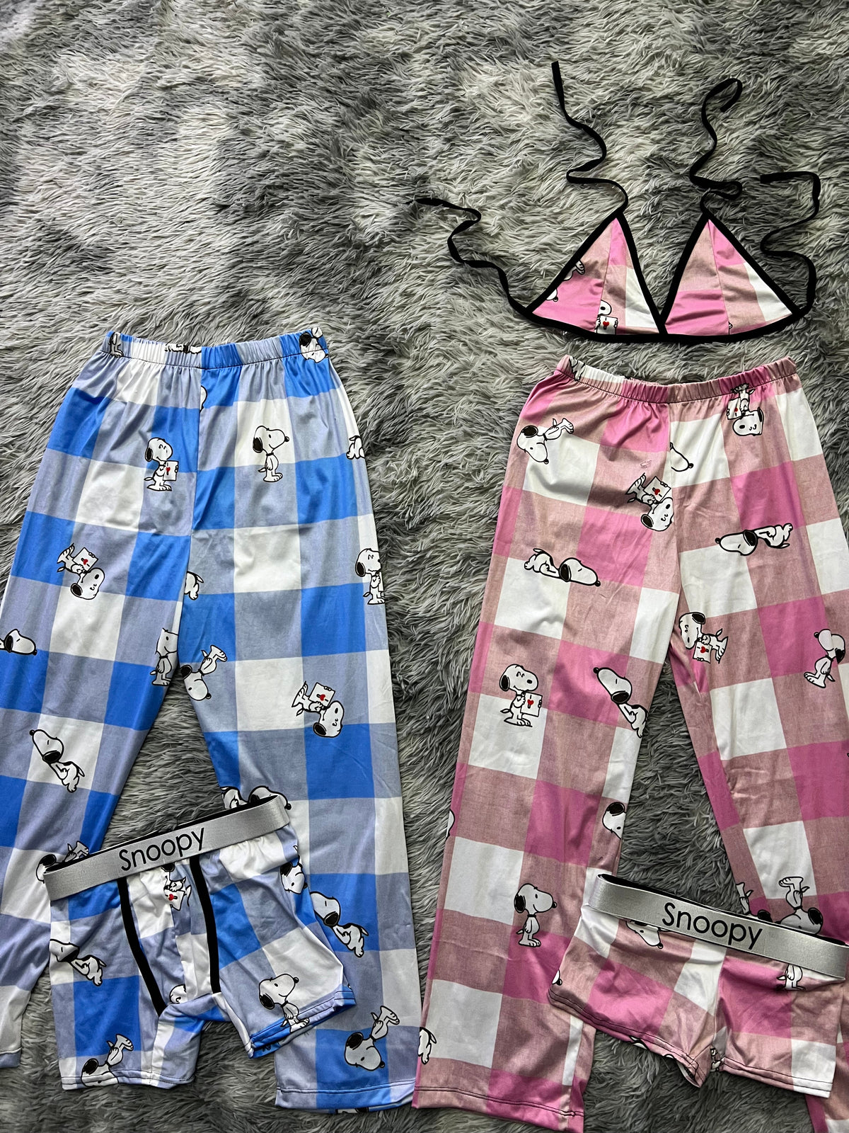 Snoopy Cuadros Azules Y Rosas Pijama De 5 Piezas