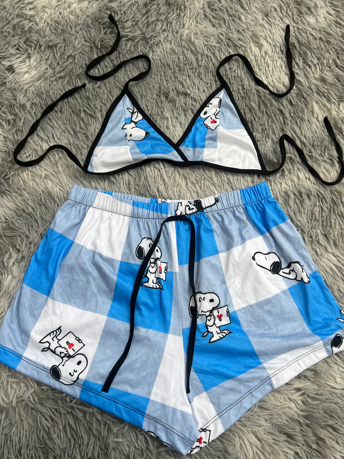 Snoopy Fondo Cuadros Azules Y Blancos Top Con Short Brush