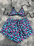 Animal Print Rosa Y Negro Fondo Azul Top Con Short Brush