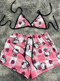 Hello Kitty Cuadros Rosas Y Blancos Con Fresa Top Con Short Brush