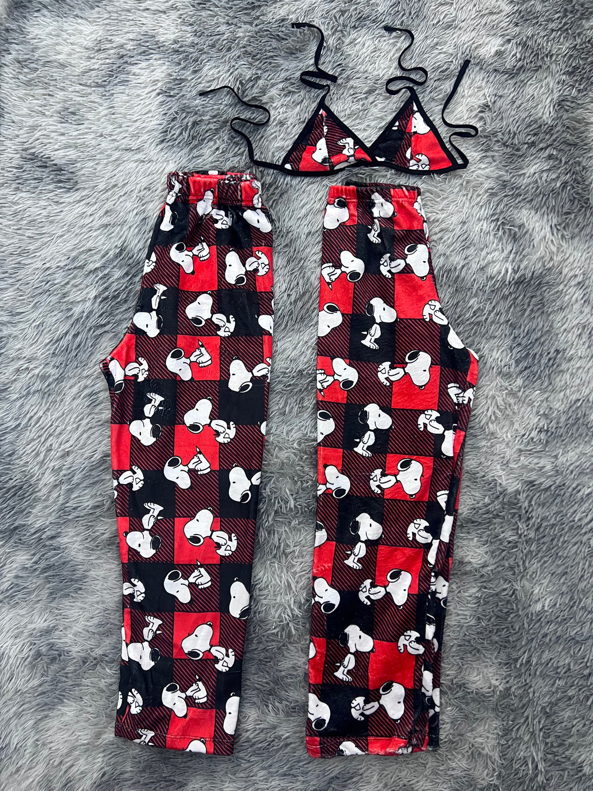Snoopy Cuadros Rojos Rayados Duo De Pijama Afelpada