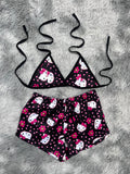 Hello Kitty Puntos Y Flores Fondo Negro Top Con Short Brush