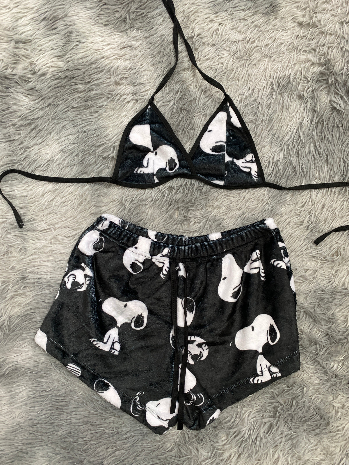 Snoopy Cara S Fondo Negro Top Con Short Afelpado