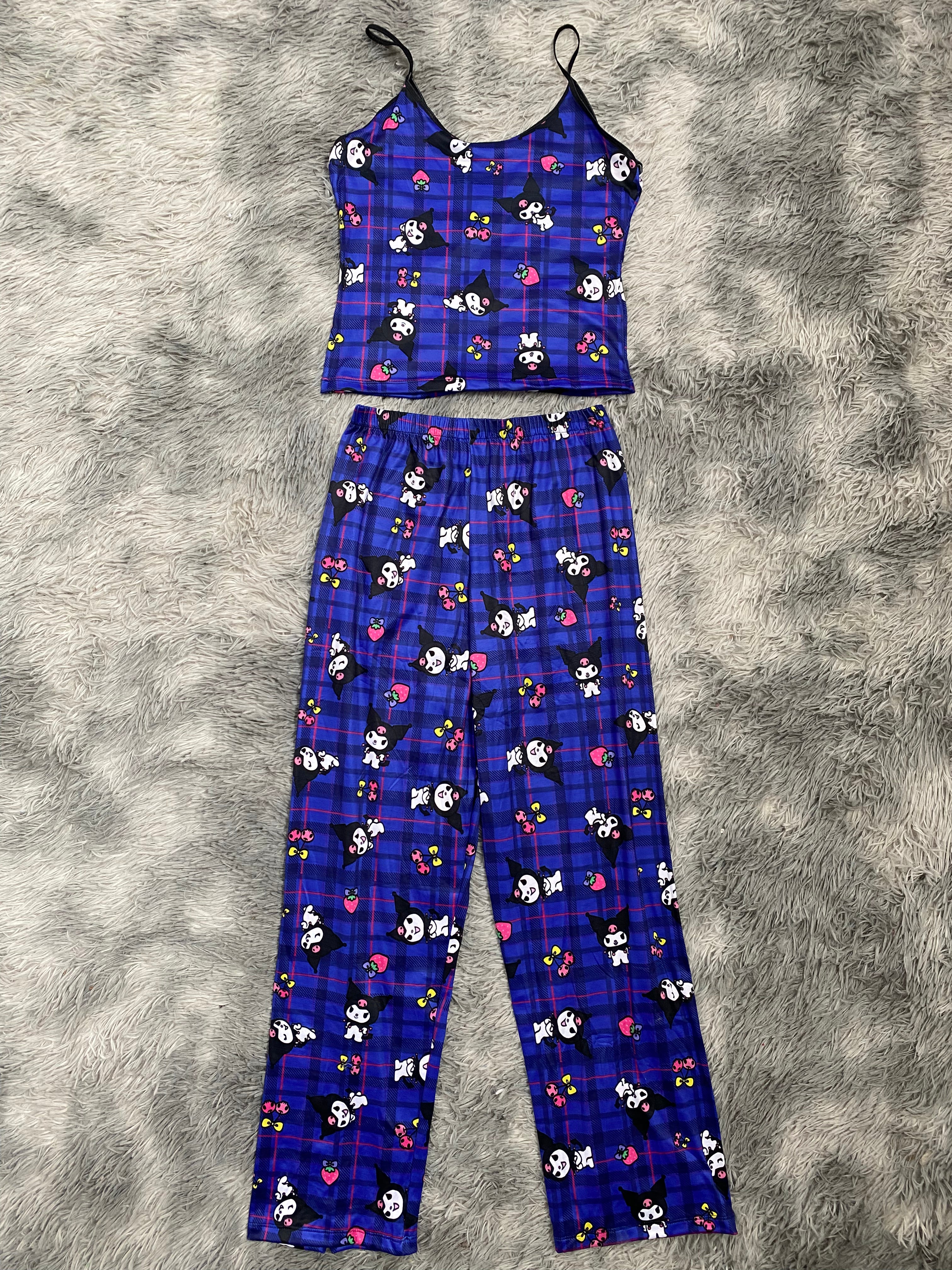 Kuromi Cuadros Fondo Azul Blusa Con Pantalón