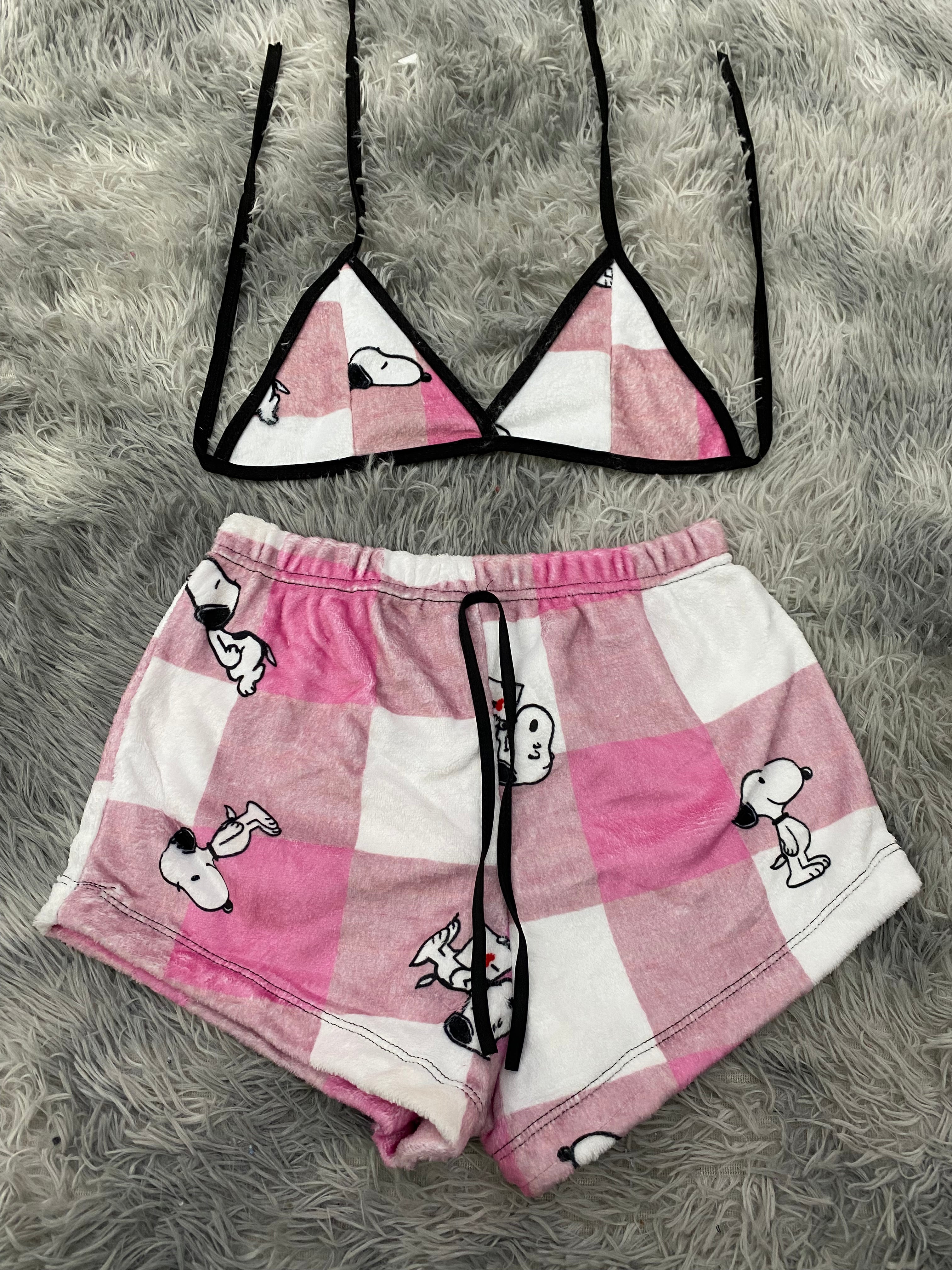 Snoopy Cuadros Rosas Top Con Short Afelpado