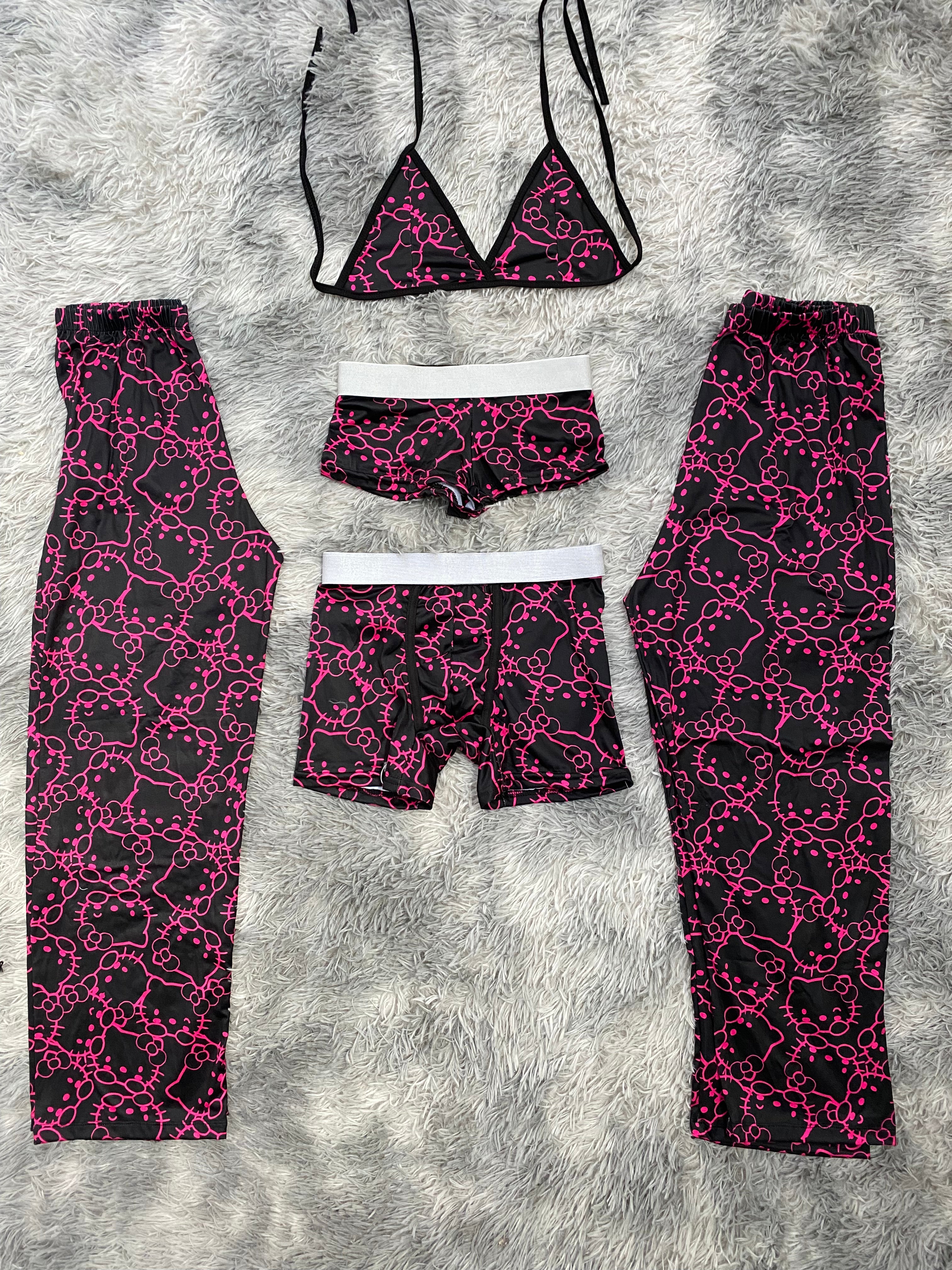 Hello Kitty Contorno Rosa Fondo Negro Pijama De 5 Piezas