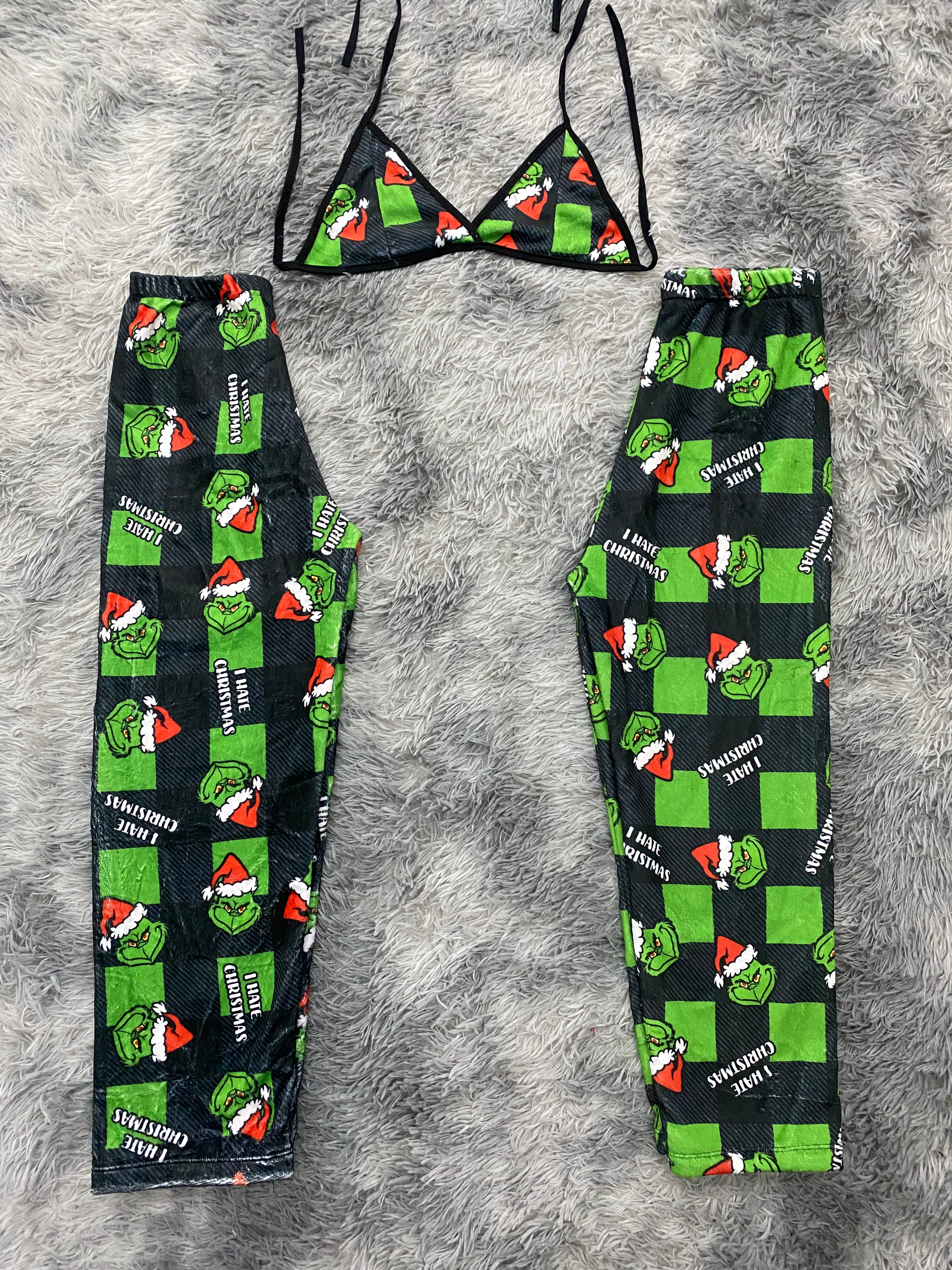 Grinch letras y cuadros verdes Pijama Afelpada