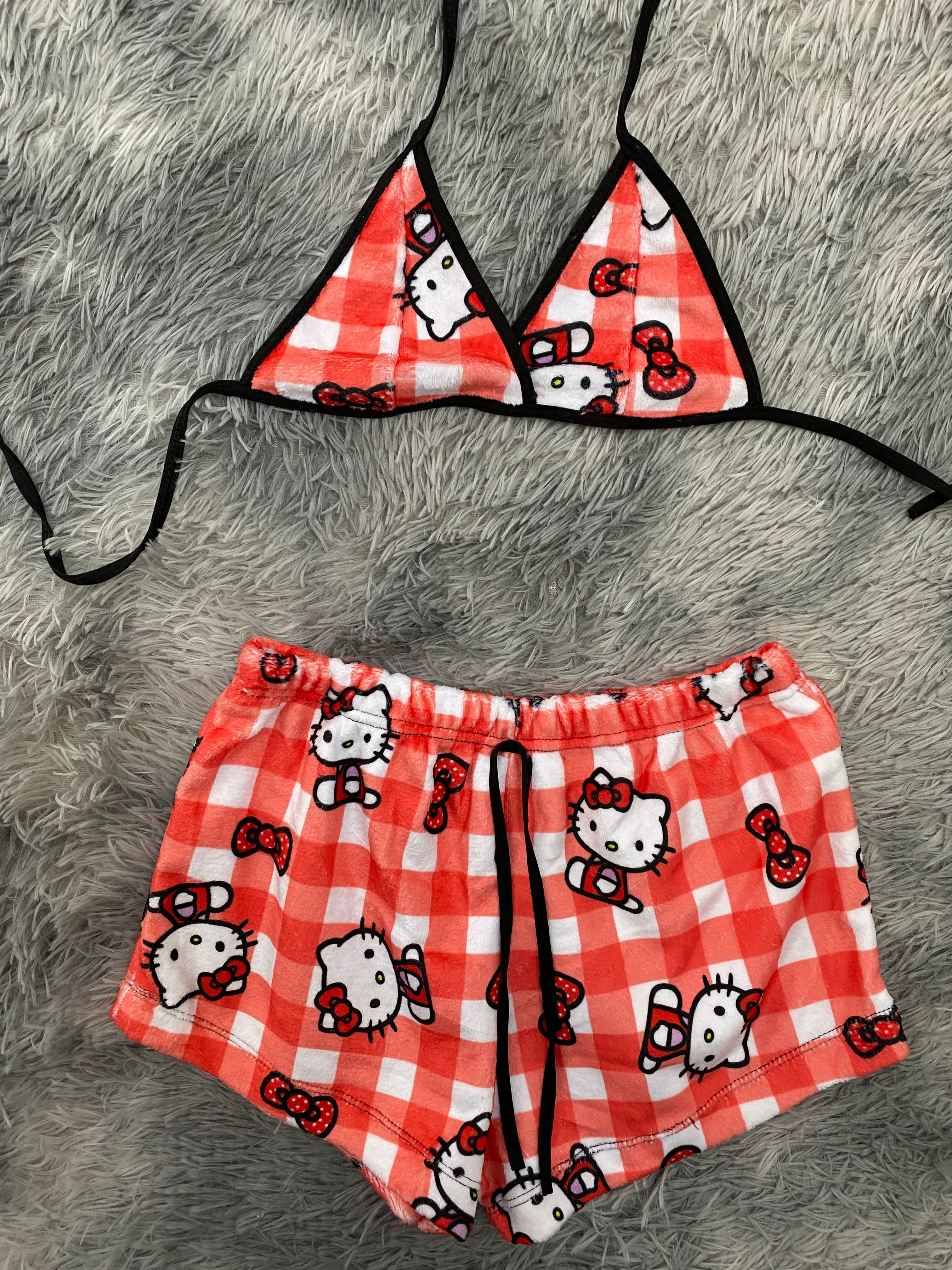 Hello Kitty Cuadros Naranja Top Con Short Afelpado