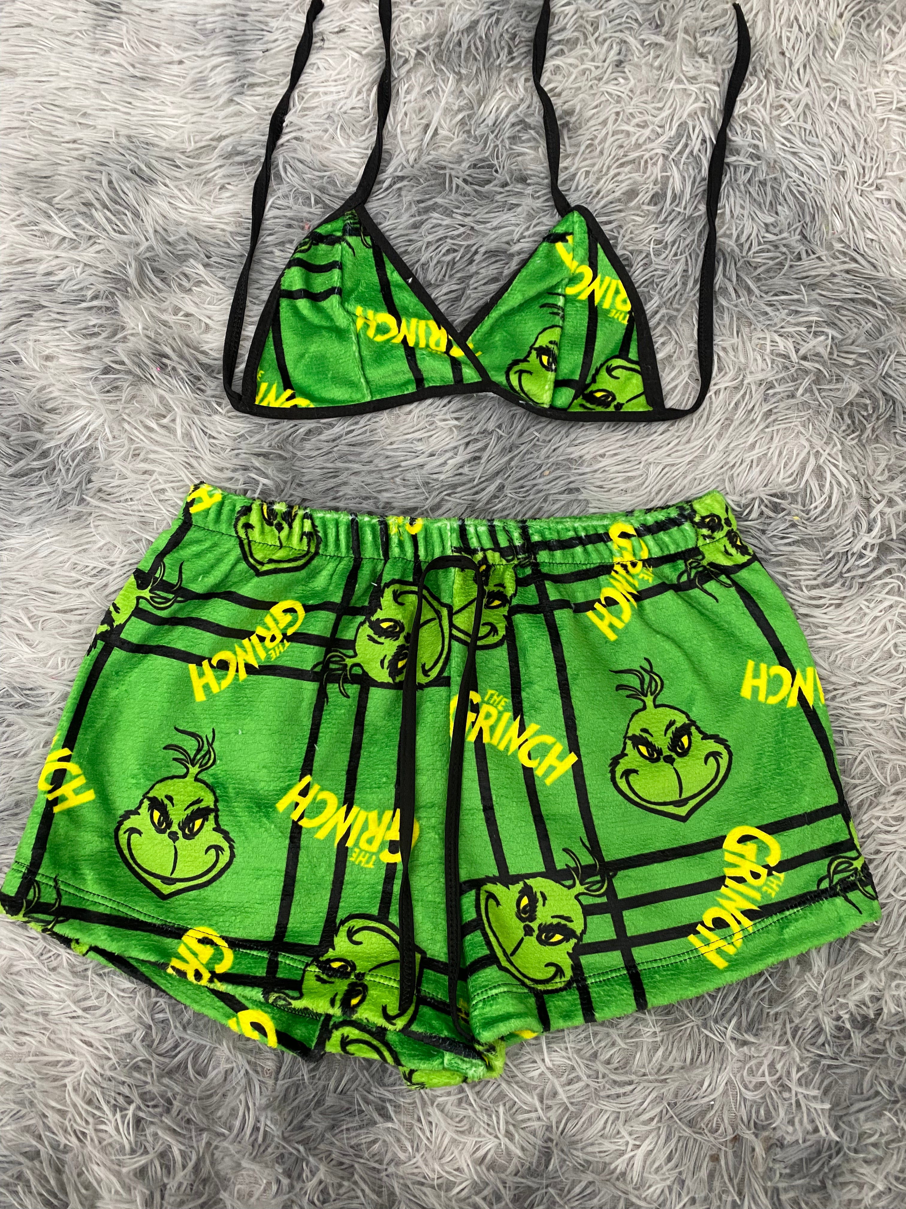 Grinch Caras Y Cuadros Verdes Top Con Short Afelpado