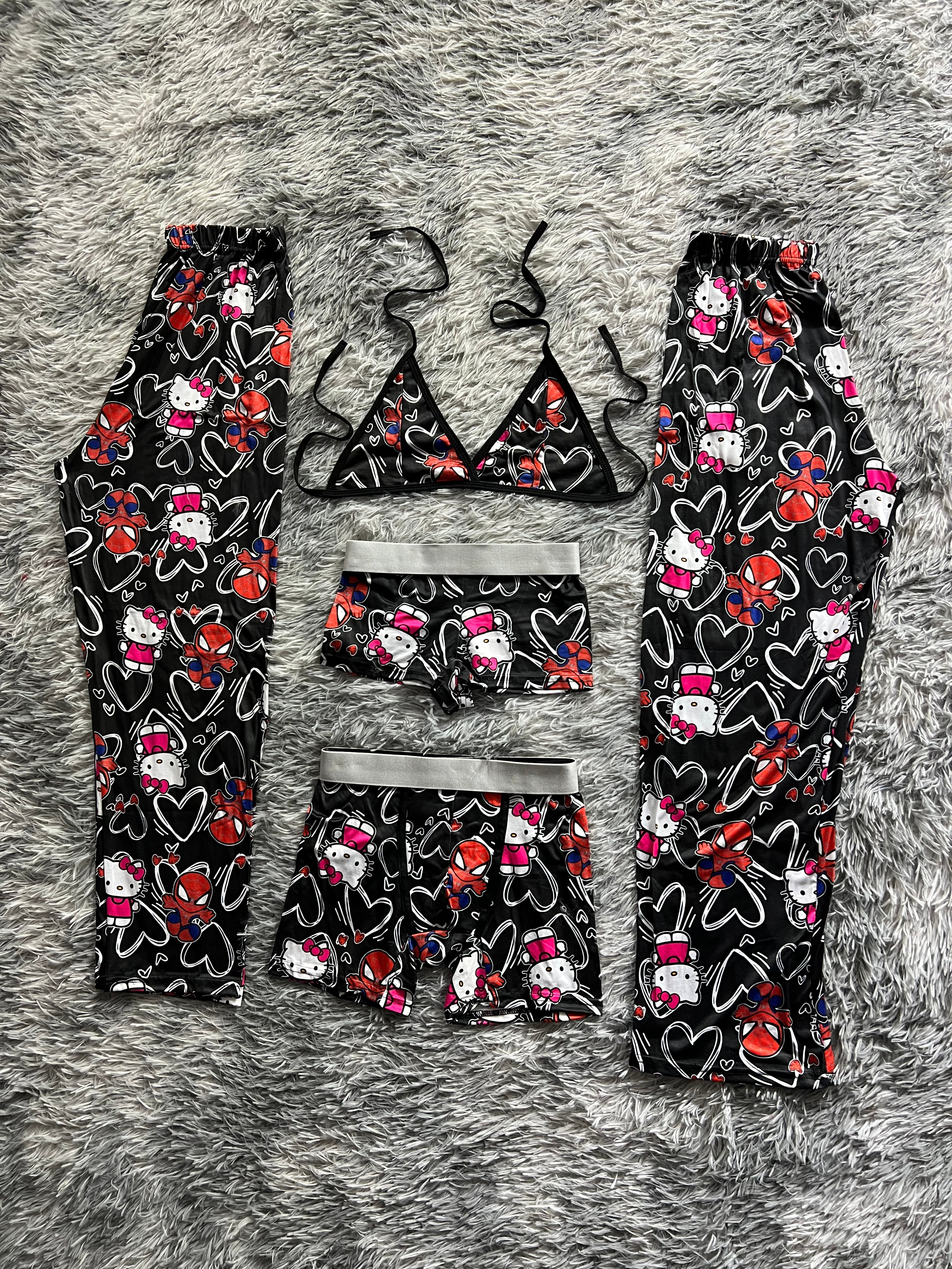 Spider Kitty Corazones Negro Pijama De 5 Piezas