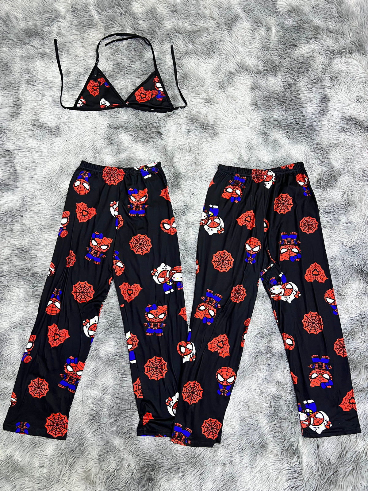 Spider Kitty Negro Telaraña Roja Duo De Pijama Afelpada